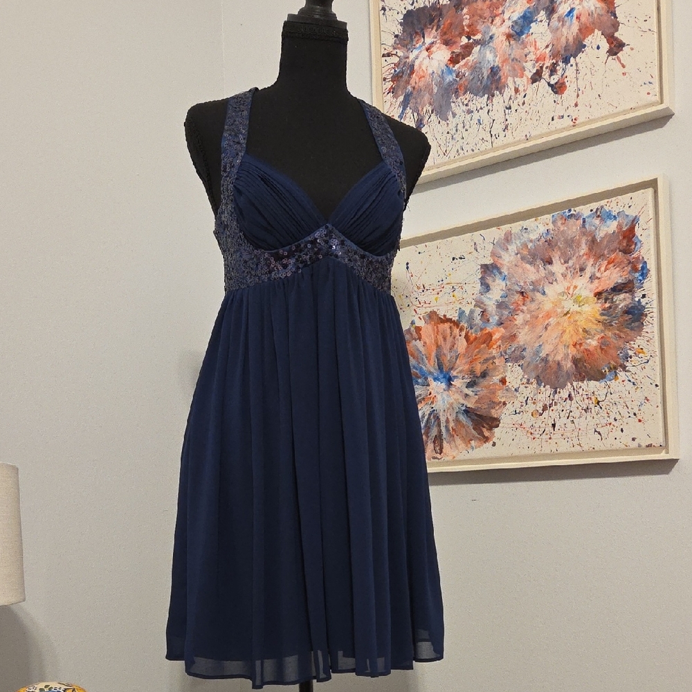 Stunning Navy Blue Flowy Mini Dress – Strappy Back Evening/special Occasions
